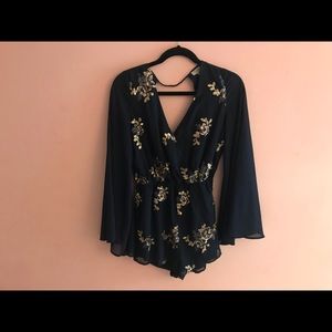 Tobi Backless Bell Sleeve Navy Romper